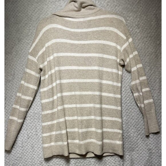 Loft Beige Striped Sweater Hoodie Size M Pockets Cowl Neck - Picture 2 of 9